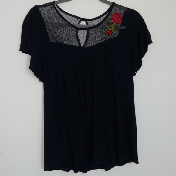 Black flowy shirt with rose patch & mesh by chest - Picture 2 of 3